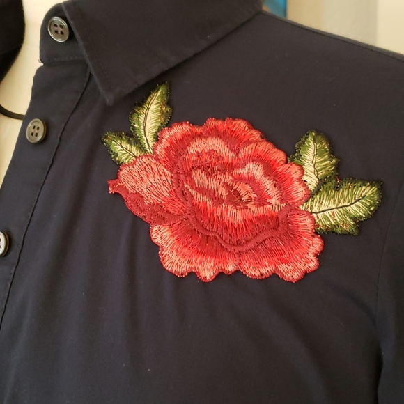 Talbots Button Down Navy Blue Blouse with Roses 4P - Picture 10 of 11